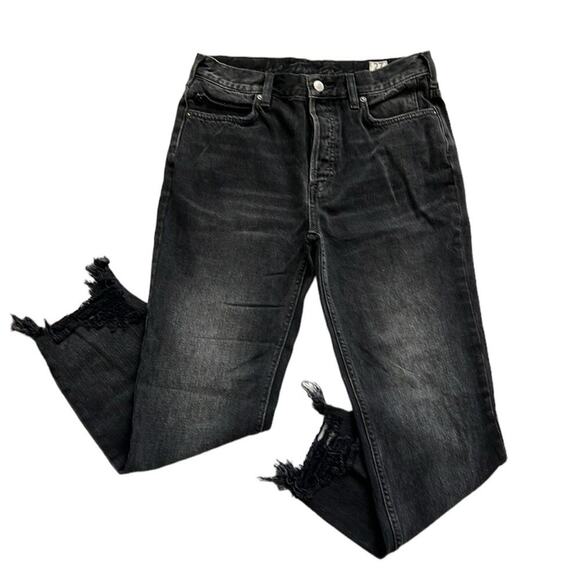 We The Free Jeans Womens 27 Black Chewed Up Hem Midrise Straight Distressed Boho - Picture 12 of 12